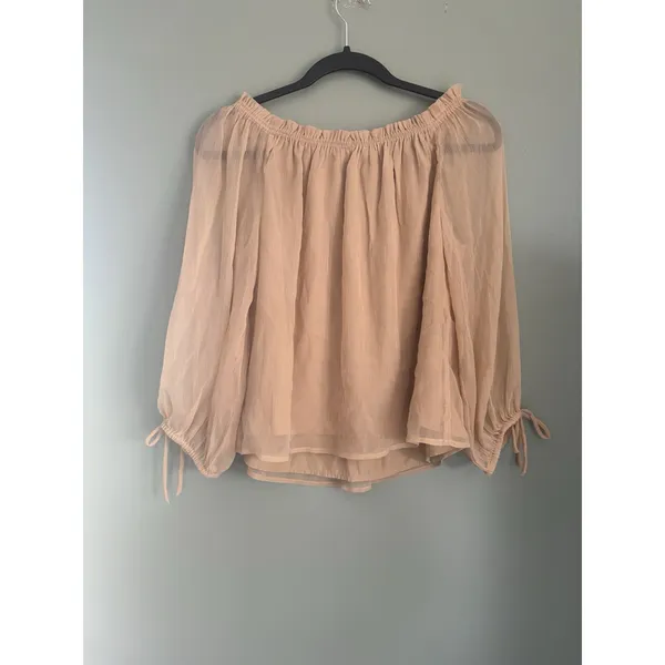 Loft NWT Beige Sheer Chiffon Peasant Blouse M Ruffle Boat Neck 3/4 Bell Sleeve - Image 5