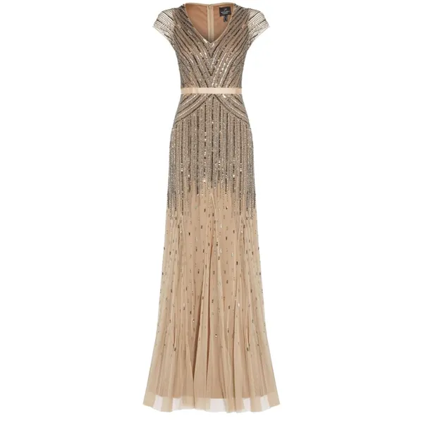 NWT Adrianna Papell Long Beaded‎ V-Neck Gown w/ Cap Sleeves & Waistband – Size 6 - Image 6