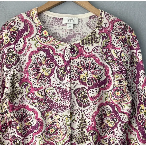 Ann Taylor LOFT Cardigan Size Medium Paisley Pima Cotton Sweater Preppy Office - Image 3