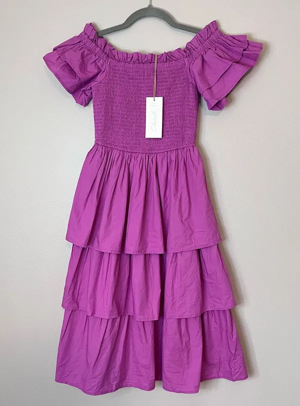 Cleobella NEW Kaiya Tiered Cotton Smocked Ruffle Sleeve Midi Dress Azalea - Image 2