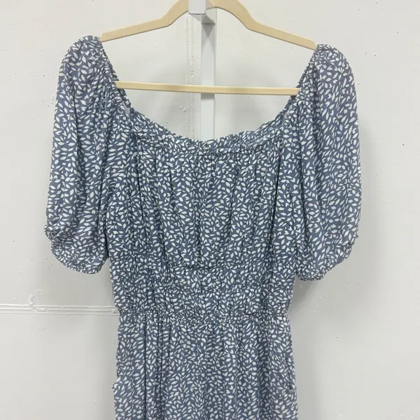 Sincerely Jules Leaf Print Smocked Waist Wide Leg Jumpsuit Medium Blue White - Image 3