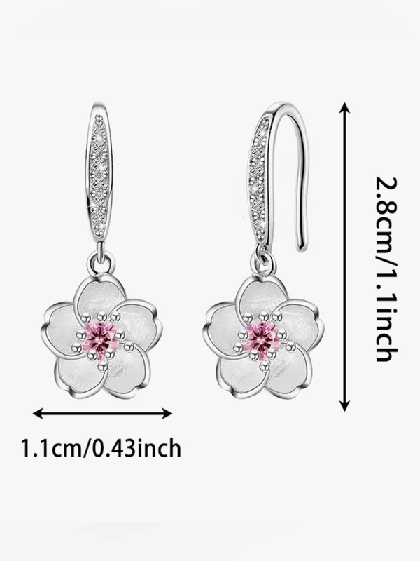 Sterling Silver 925 Floral Drop Earrings with Pink Crystal Center - Image 2