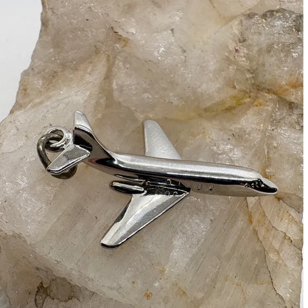 Vintage Sterling Silver Airplane Jet Charm Rhodium Plated Travel Pendant 3.59g - Image 4