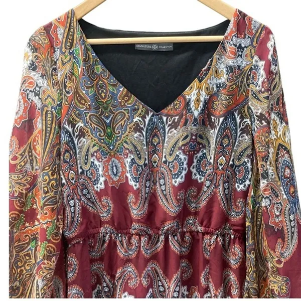 Signature Collection Paisley Maxi Dress M Burgundy Red Boho V-Neck Bell Sleeve - Image 2