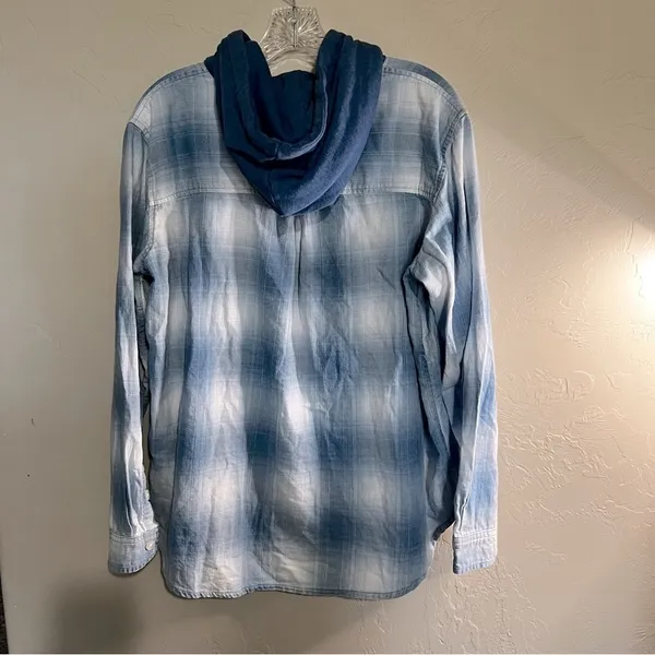 American Eagle Blue Hooded Cabin Flannel Button Down Shacket - Image 7