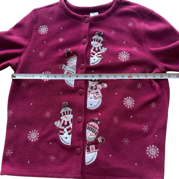 Vintage‎ Snowman Christmas Button Up Fleece Cardigan Burgundy Size Large - Image 5