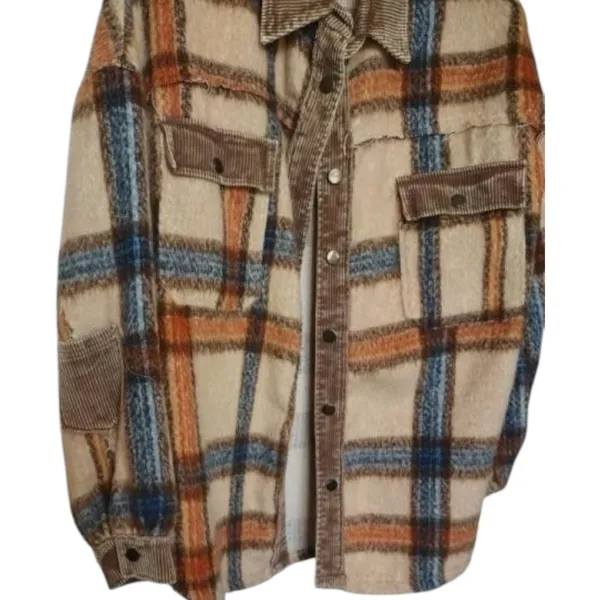 POL Collared Button Down Plaid Shacket Size L Beige Blue Orange - Image 4