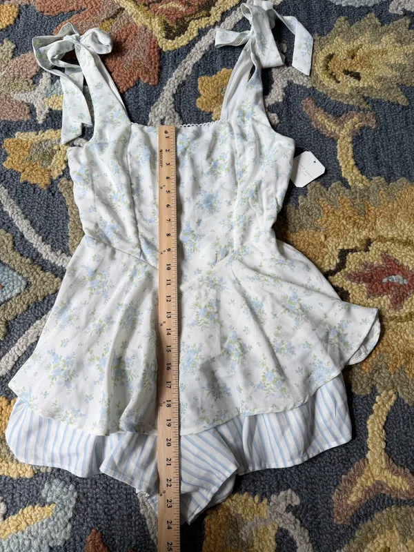 Altar'd State White & Light‎ Blue Floral Tie-Shoulder Romper - Image 3