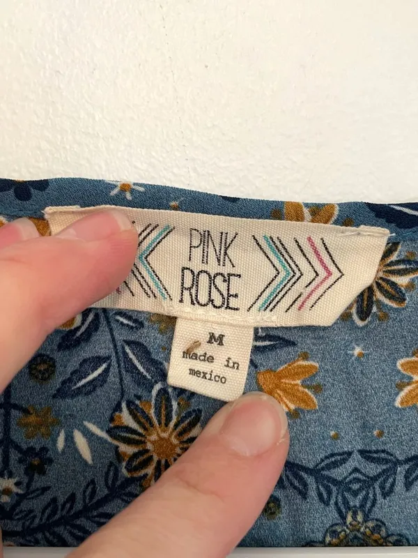PINK ROSE Blue Mustard Navy Floral Chevron 3/4 Sleeve Roll Tab Sleeve Blouse Top - Image 4