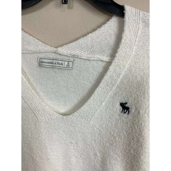 Vintage Abercrombie‎ & Fitch Womens V-Neck Ivory Pullover Small Solid Logo - Image 3