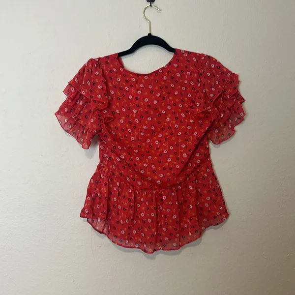 Madewell Tiered-Sleeve‎ Peplum Top in Metallic Prairie Posies Size 8 - Image 6