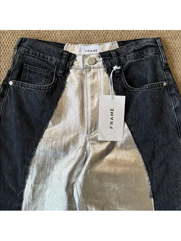 NWT FRAME Pieced Metallic Silver Black Straight Leg Jeans Size 26 Retail $448 - Image 8