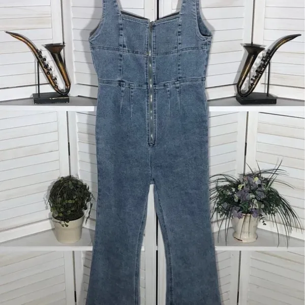 Emory Park Y2K denim jumpsuit bell-bottoms blue zip sexy fitted look groovy hippie boho M - Image 3