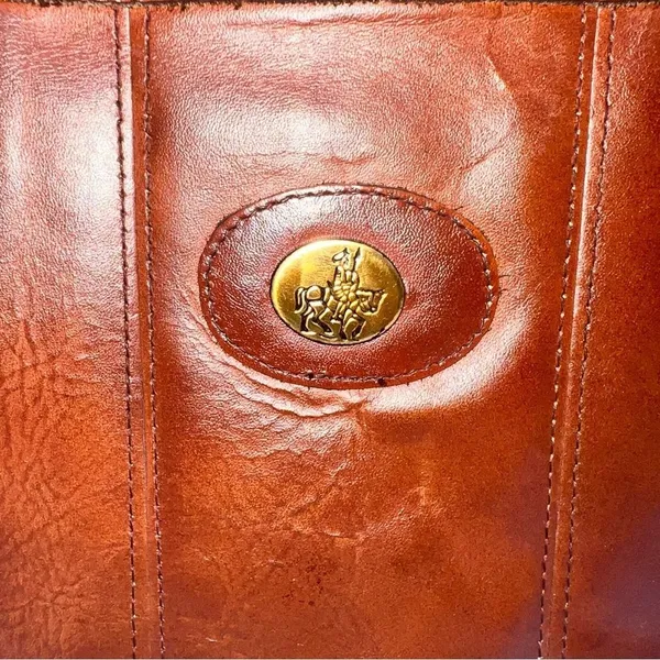 Vintage Don Quixote Brown Leather Satchel Purse w/Gold Trim Top Zipper Closure - Image 3