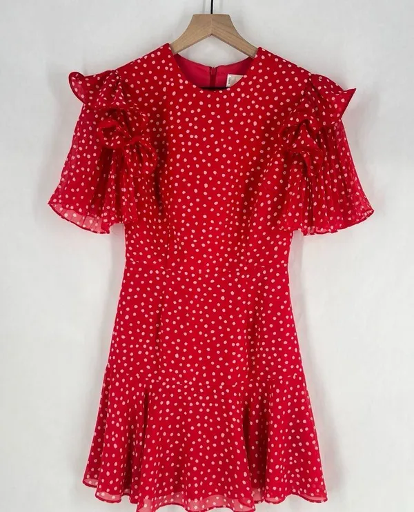 Keepsake Moonshine Dress Red Polka Dot Chiffon Flutter Sleeve Mini Dress Size XS - Image 4
