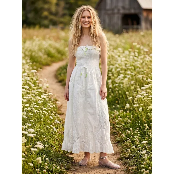 Free People Ethereal Cottage Prairie White Lace Hi Hello Midi Dress Medium - Image 3