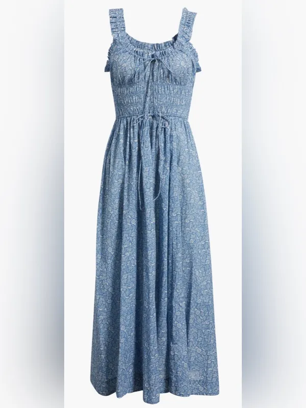 NEW DÔEN Ditsy Floral Organic Cotton Smocked Midi Blue Garden Bloom Dress sz XS - Image 3