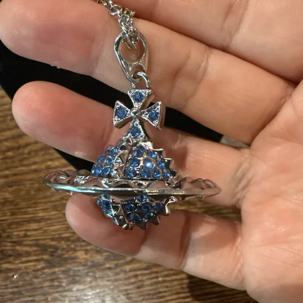 Statement Pavé Planet Pendant Necklace Blue - Image 2