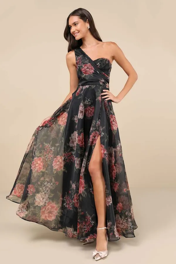 New Lulus Black Floral Organza One-Shoulder Maxi Dress Size XL MSRP $138 - Image 2