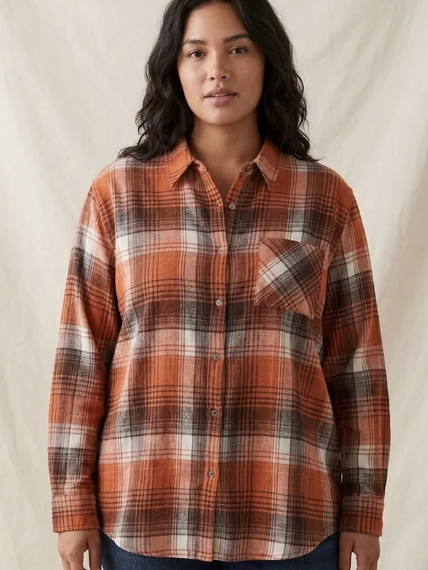 La Miel Orange Plaid Flannel Button Up Shirt Women’s size Large(A617) - Image 2