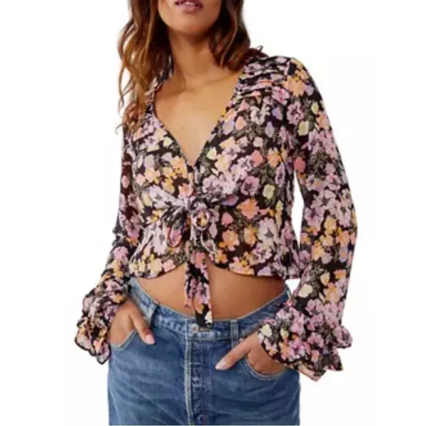 FREE‎ PEOPLE Maybel Sheer Floral Tie Front Peplum Top Crop Black Pink Small New - Image 3