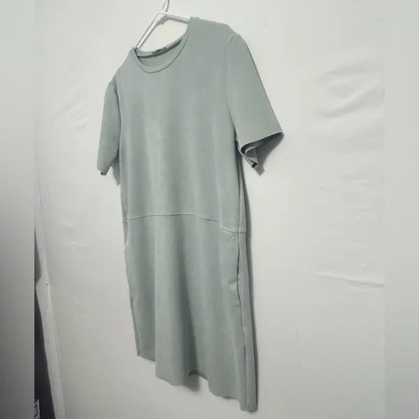 Zara women’s size L Sage Green Shift Dress Raw Hem Short Sleeve Pockets(A425)✨ - Image 6