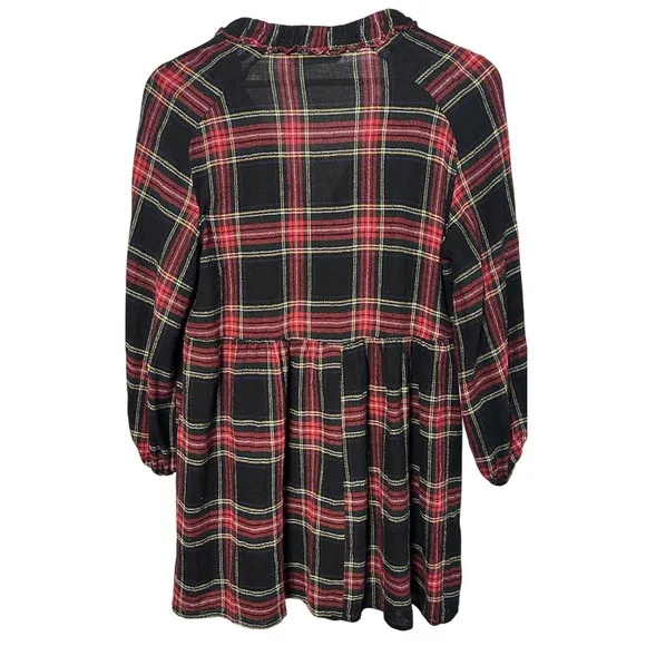 Zara Basic Women Small Red Black Plaid Ruffle V-Neck Babydoll Tunic Dress‎ - Image 2