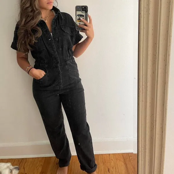 Free People We The Free Marci Denim Jumpsuit Relaxed Overalls Minimalist Utility - Image 2