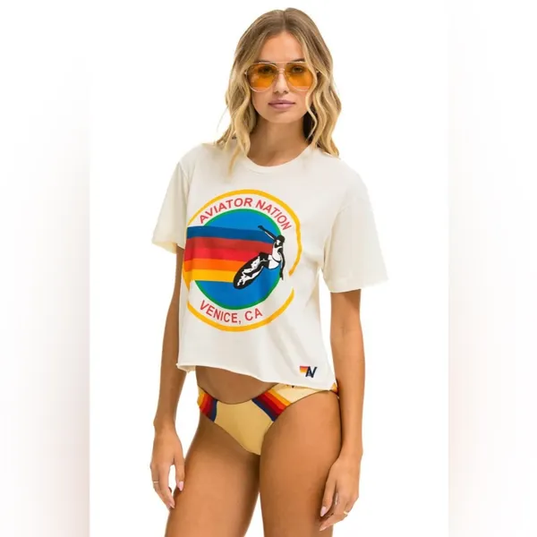 NWT Aviator Nation Signature Boyfriend Tee in Vintage White in a size XS - Image 2