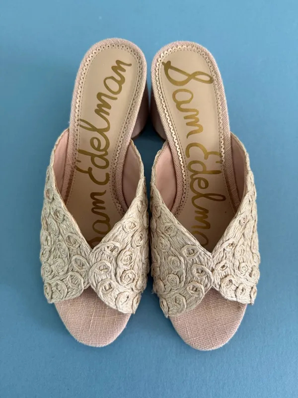 Sam‎ Edelman Sareen Seashell Pink Woven Raffia Block Heel Mule Sandals - Image 8