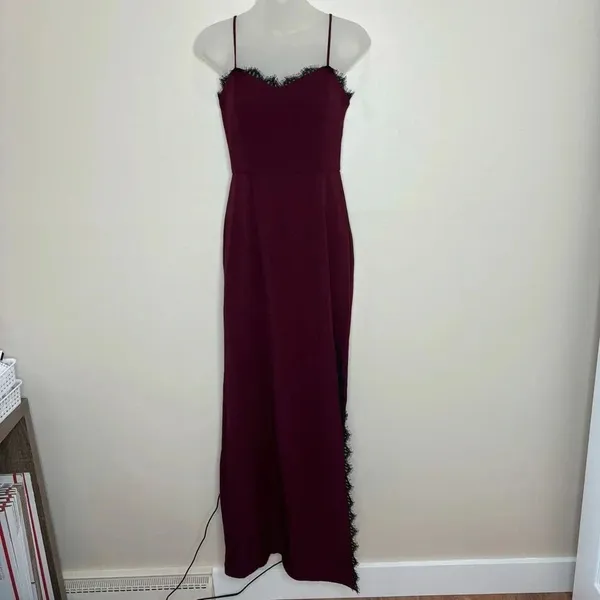 Wayf The Mia Lace Trim Front Slit Gown In Cabernet red burgundy black size XS - Image 3