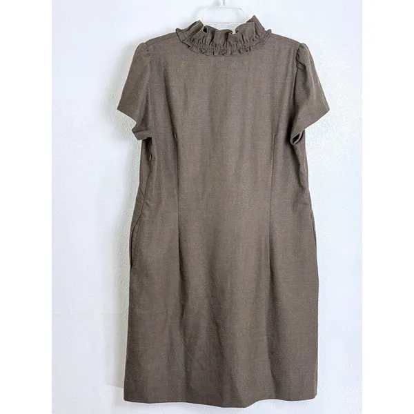 J.Crew Olive Brown Wool Ruffle V-Neck Shift Dress 14 Dark Academia Office - Image 4