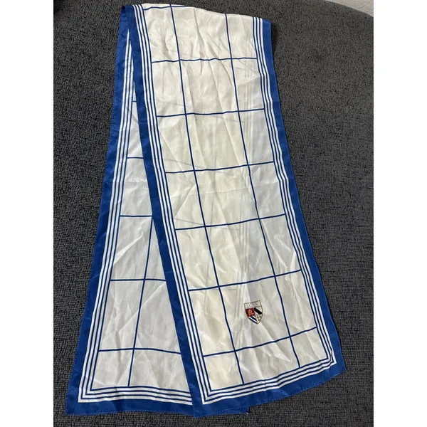 Vintage Lauren Ralph Lauren Scarf Ivory Blue Windowpane Crest Rectangular Preppy - Image 3