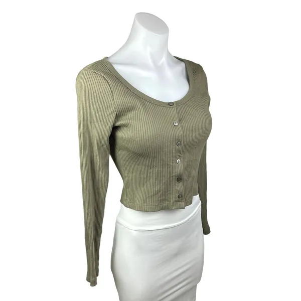 Uniqlo Women's Olive Green Ribbed Button Up Cropped Top Sweater Cardigan Size S - Image 2