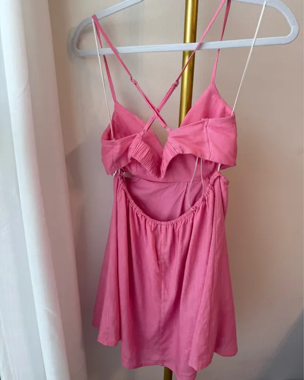Hello Molly Draped Cowl Neck Strappy Pink Mini Dress | Textured Linen Look | Size M - Image 2