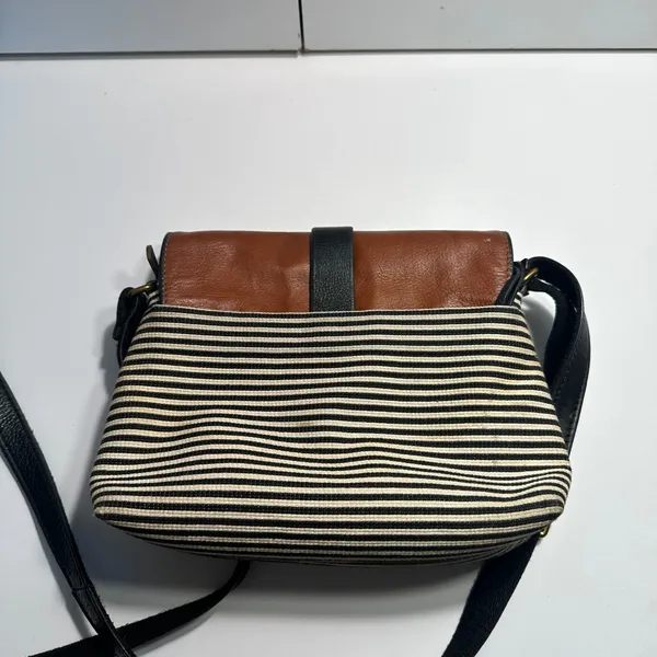 Fossil Kinley Crossbody Bag Womens Small Brown Striped Canvas Leather Flap Purse - Image 8