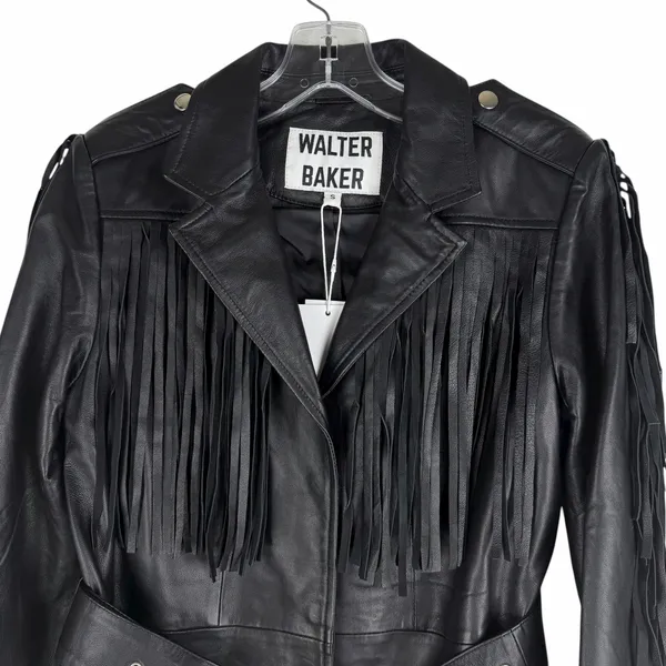Walter Baker Linda Fringe Belted Lamb Leather Jacket Black Size S - Image 6