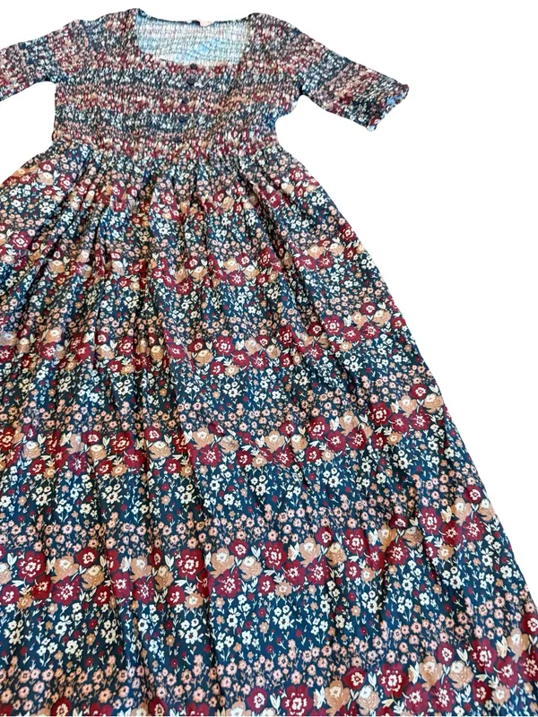 Ivy City Co Navy Burgundy Floral Smocked Midi Dress Boho Chic Day Medium Women's - Image 5