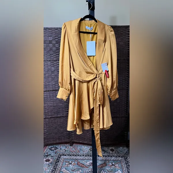 New Mac Duggal IEENA 70135 Bishop Sleeve Wrap Short Dress – Marigold - Size 8 - Image 3