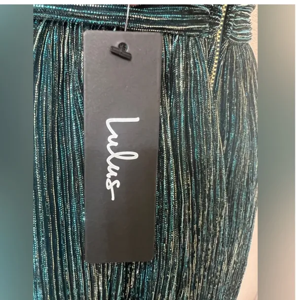 Lulus metallic stripe twist back cocktail dress in gold/teal - Image 7