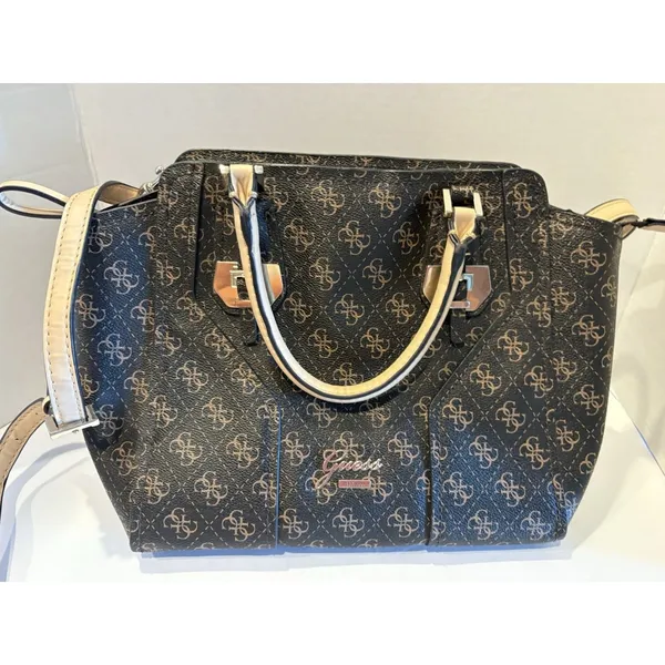 GUESS brown logo-print satchel with contrasting beige top handles - Image 4