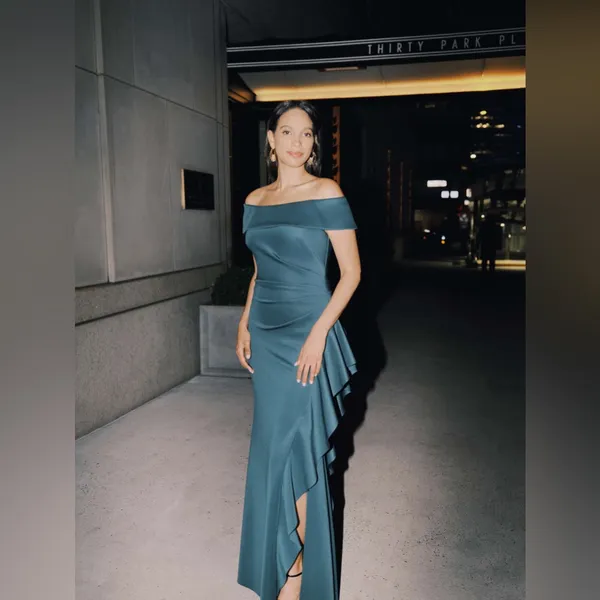 Xscape Off-The-Shoulder Dolly Scuba Ruffled Side-Slit‎ Gown Green 6 - Image 6