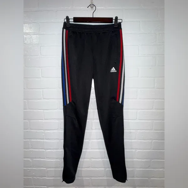 Adidas Black Track Pants with Red, White, and Blue Accents and Pockets - Image 9
