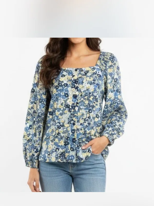 Ann Taylor Blue and Yellow Floral Square-Neck Button Front Top NWT 85$ XL - Image 2