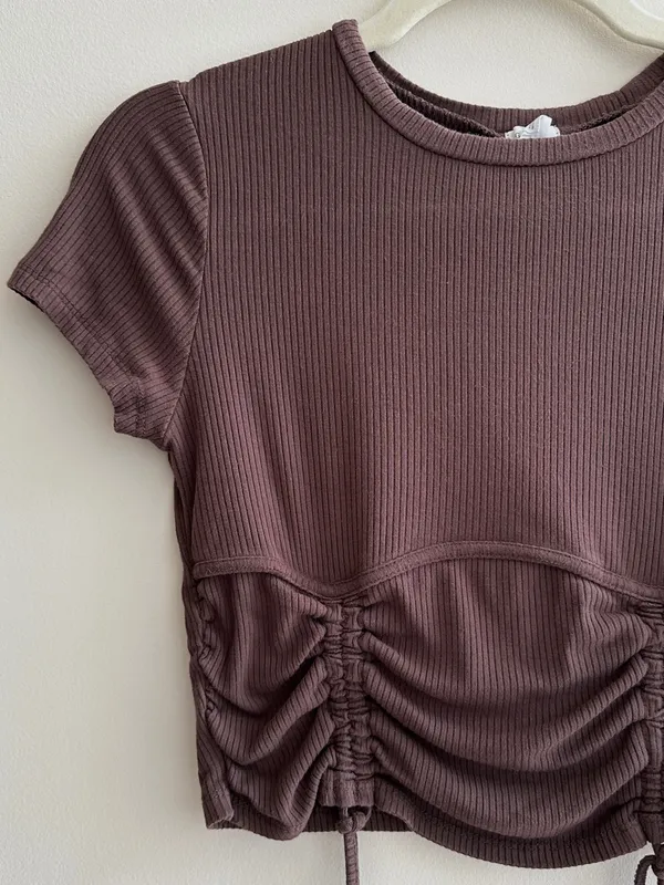 Garage Ribbed Cropped Tie Front Top, Casual Going Out Top, Brown, Size Medium - Image 3