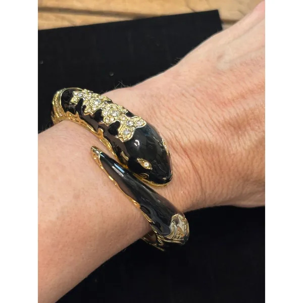 Gold & Black Snake-Inspired Hinged Bangle Bracelet With Rhinestone Embellishment - Image 5