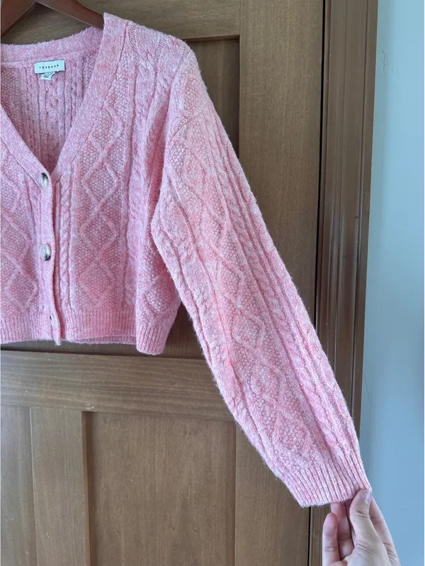 Topshop Wool Blend Cable Knit Crop Button Front Cardigan Pink Women’s XS - Image 4