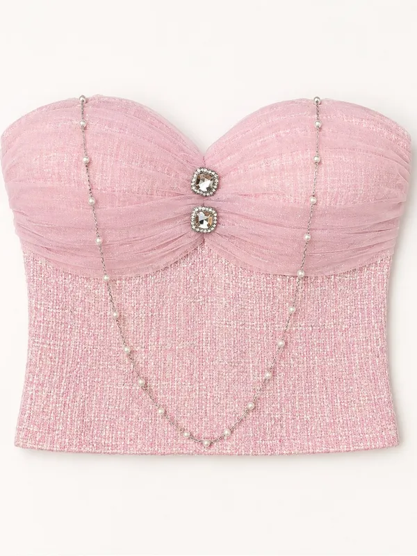 NWT Pink Tweed Bustier Tube Top Rhinestone Coquette Balletcore Corset Crop Top - Image 2