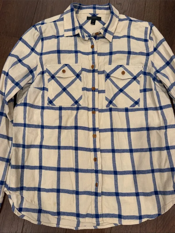 J. Crew Cream and Blue Large Windowpane Button-Down Shirt Size 10 - C1-612 - Image 2