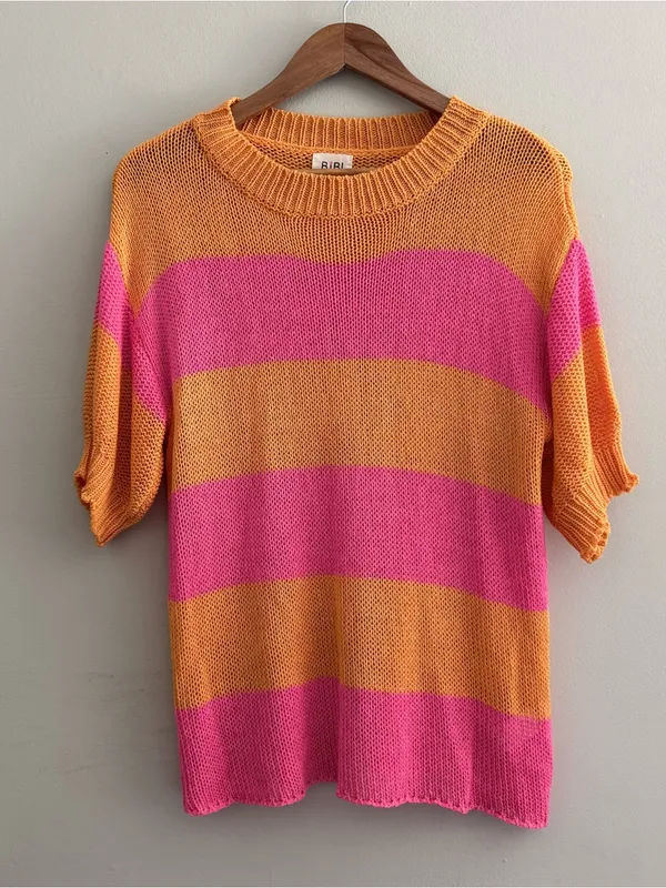 Bibi Orange & Pink Striped Knit Short Sleeve Sweater Medium - Image 2